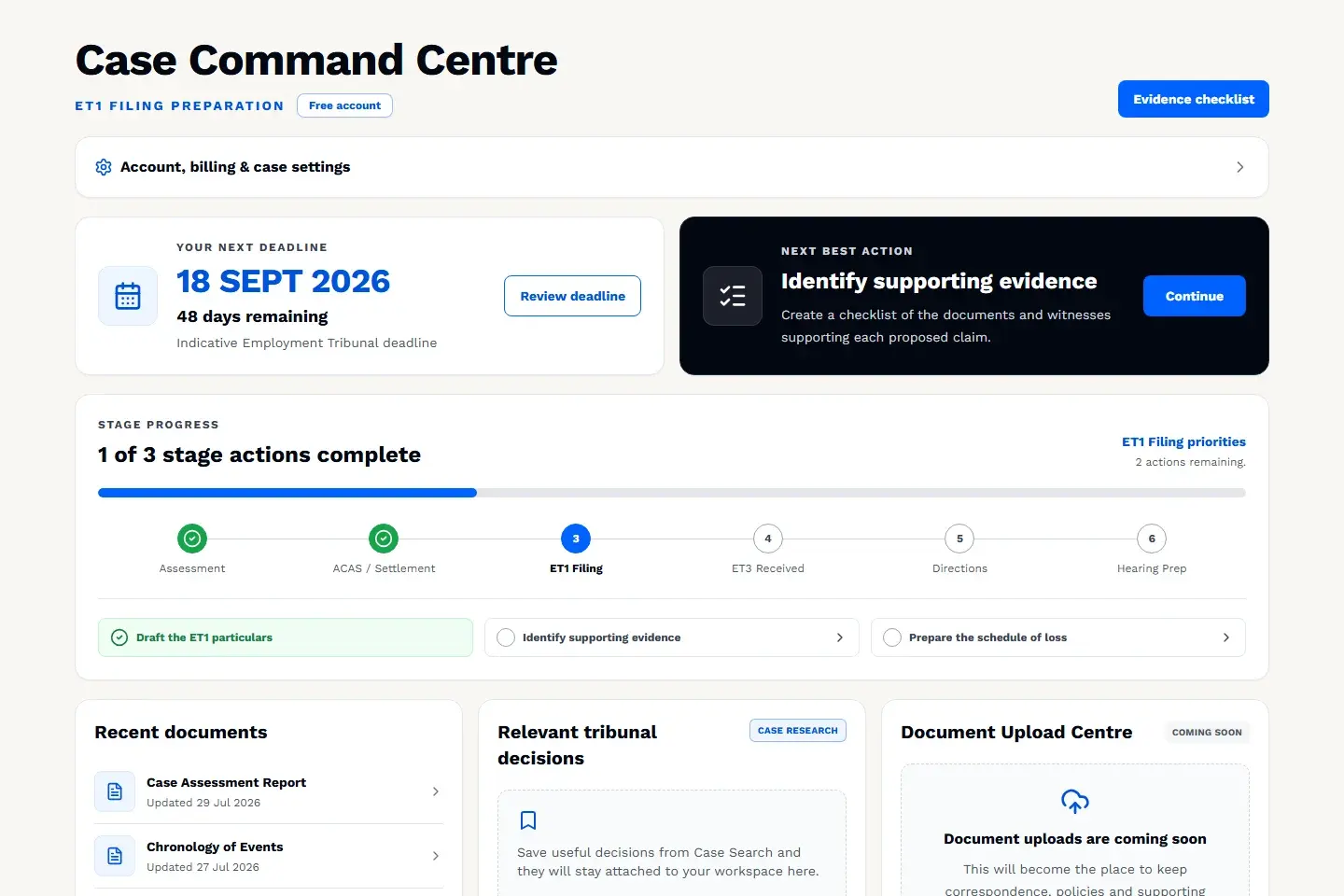 WorkDisputes Case Command Centre showing a deadline, next action and case progress