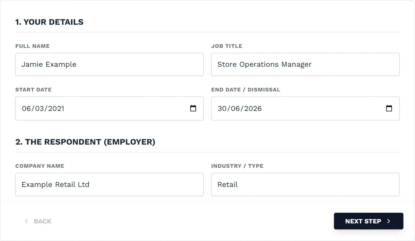 ET1 builder employment and respondent details step