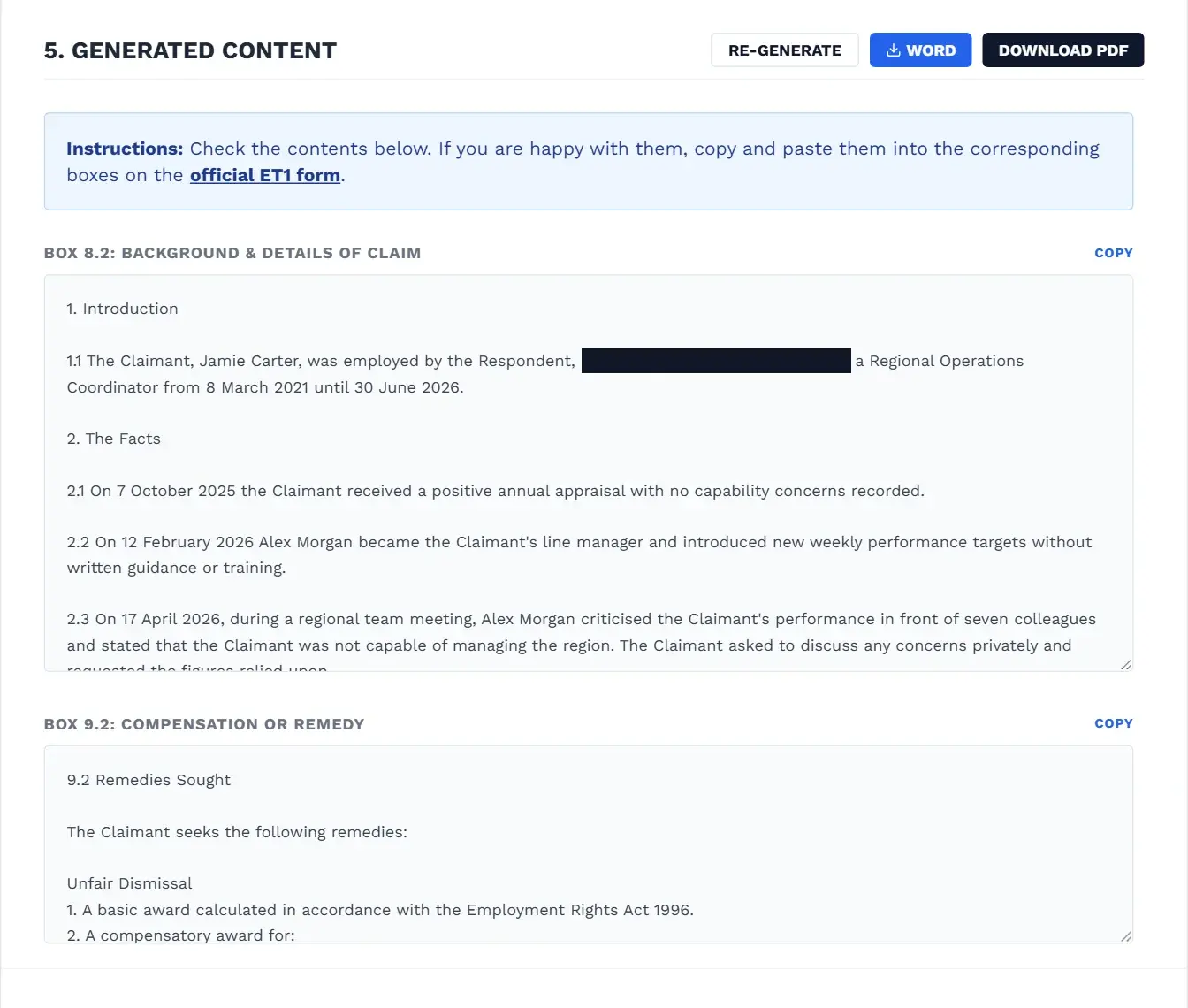 Example generated ET1 particulars of claim