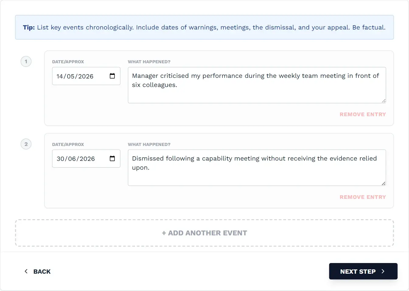 ET1 builder timeline of events step