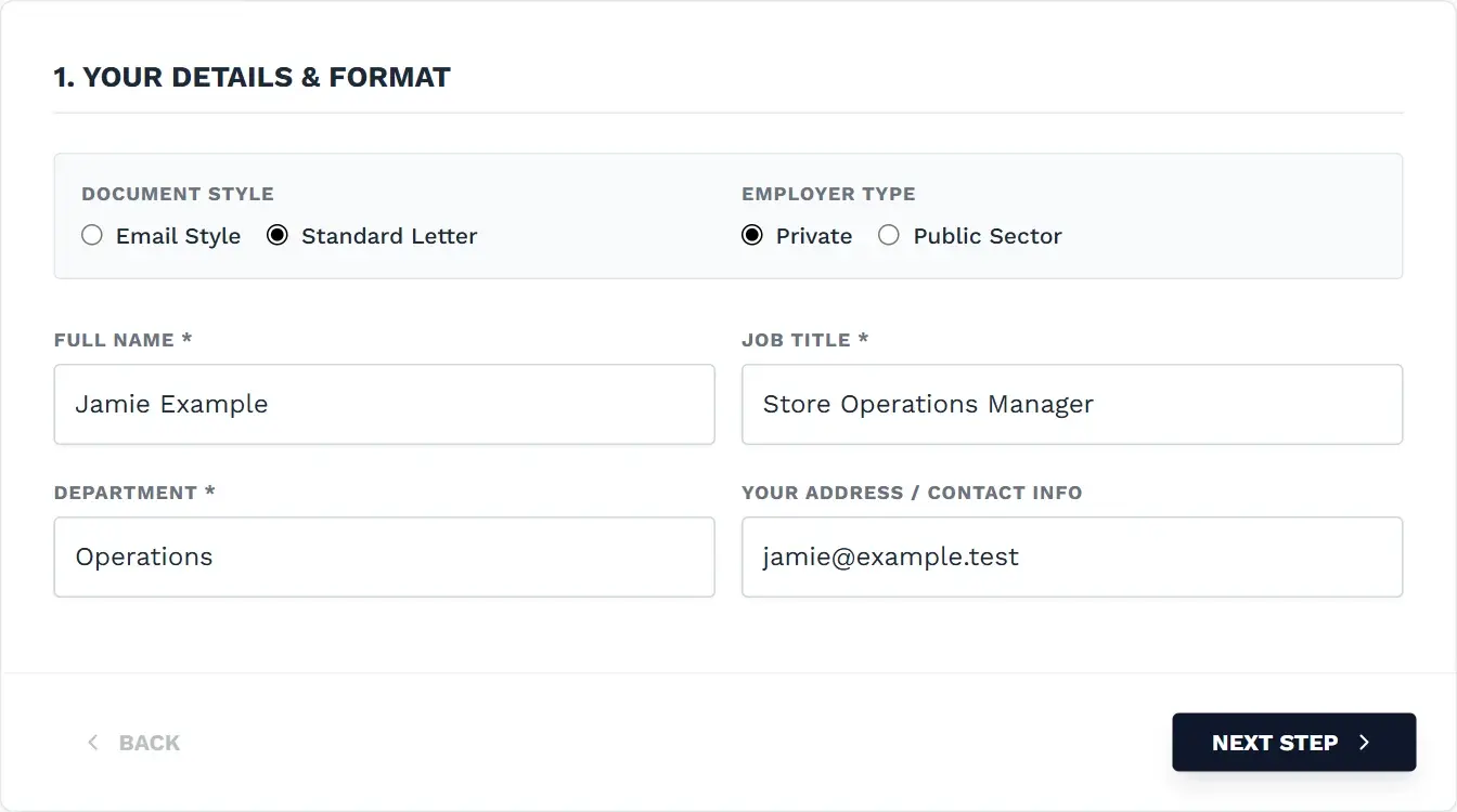 Grievance builder employee details and format step