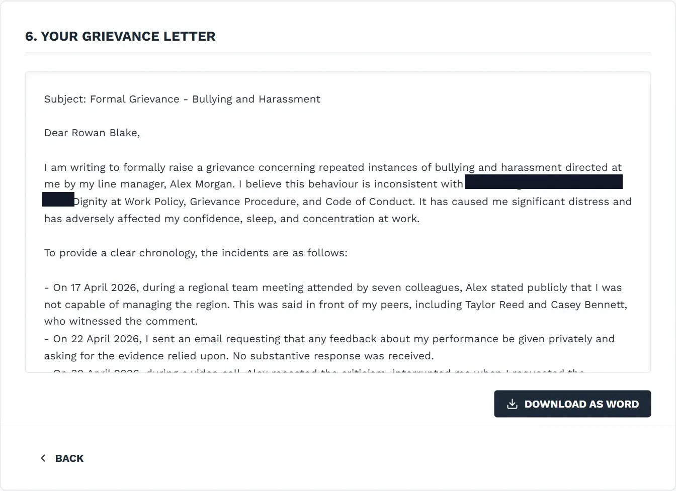 WorkDisputes grievance builder generated-letter screen