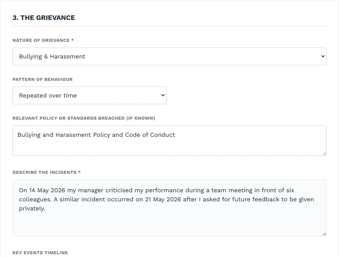 Grievance builder incident details step