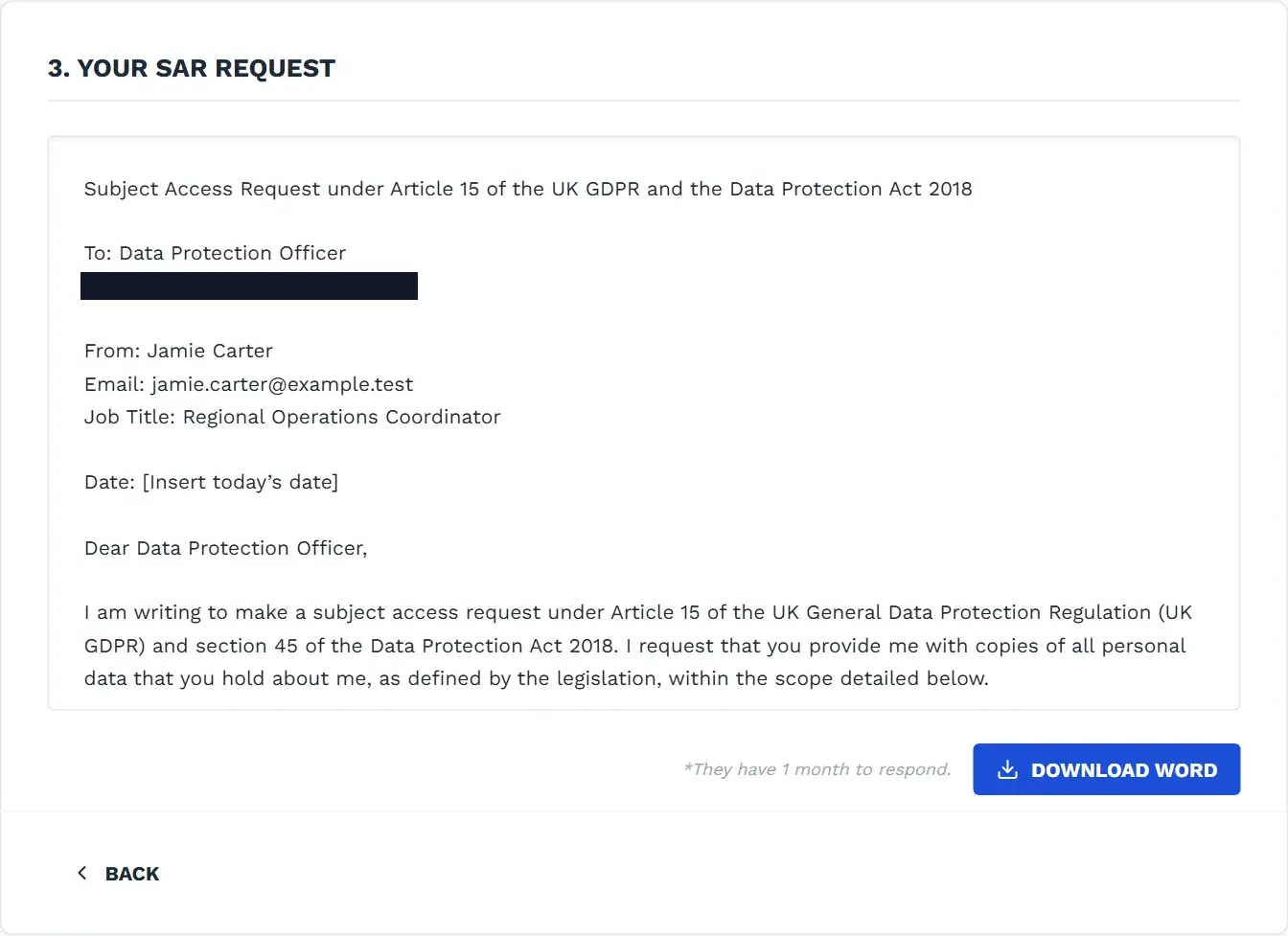 Example generated workplace Subject Access Request