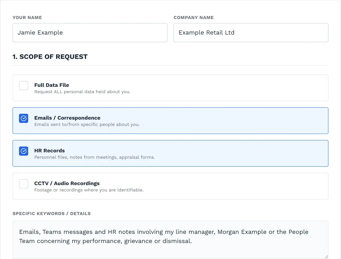 Subject Access Request builder data-scope step