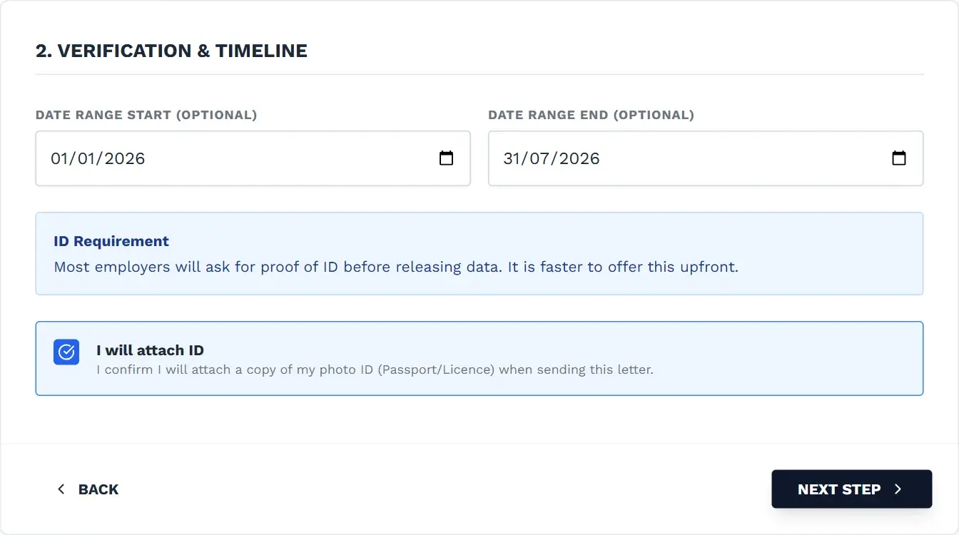 Subject Access Request builder date-range and identity step