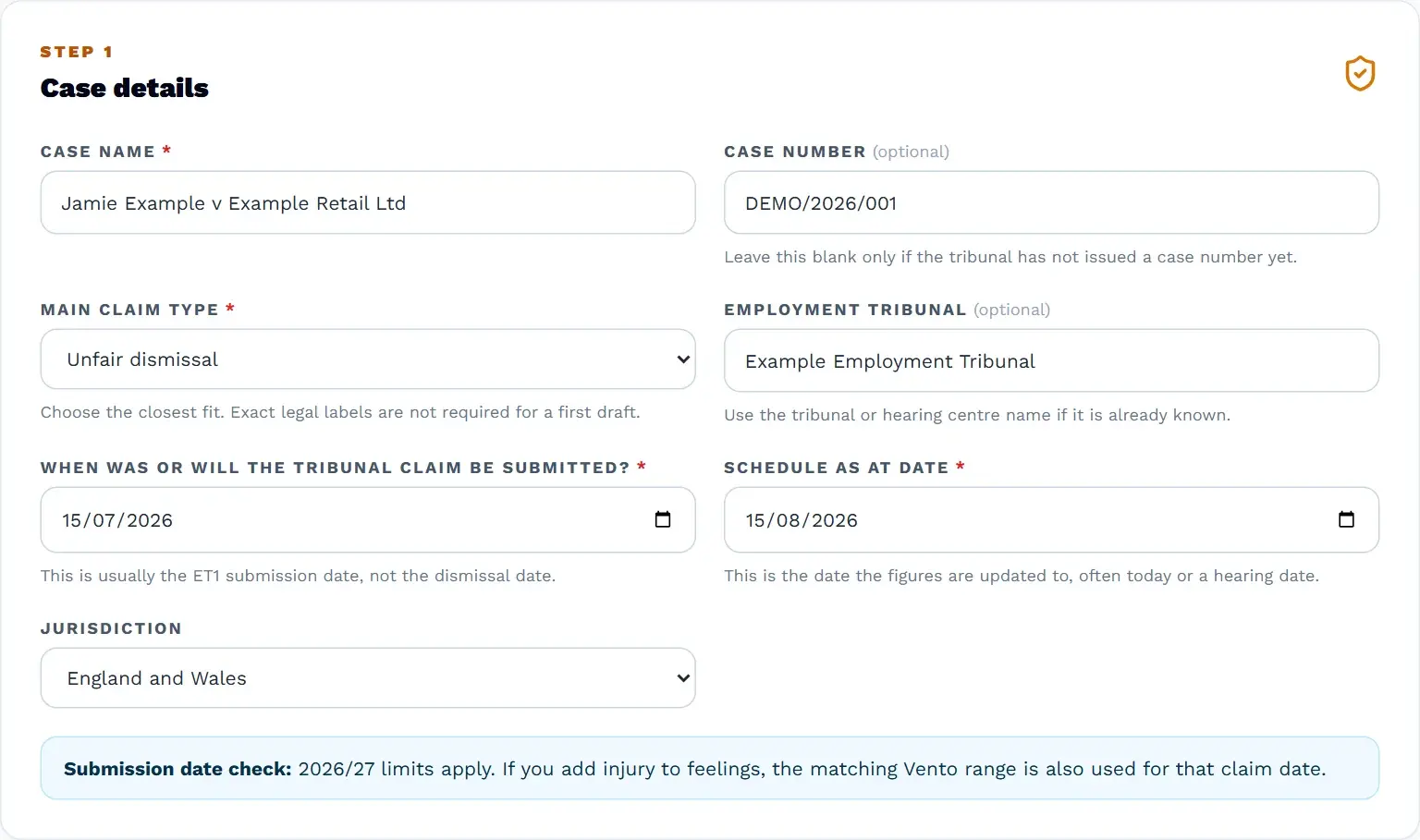 Schedule of Loss builder case-details step